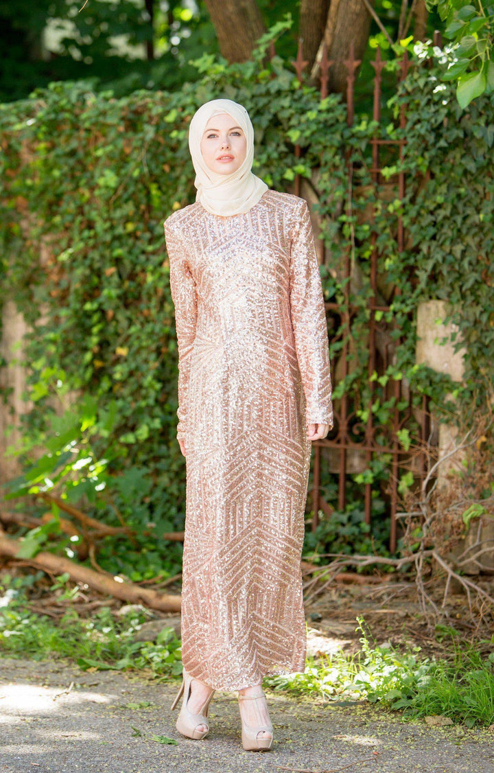 Sequin-covered Rose Gold Chevron Sequin Gown with long sleeves and matching hijab