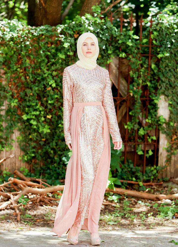 Rose Gold Chevron Sequin Gown featuring chiffon panels for urban modesty