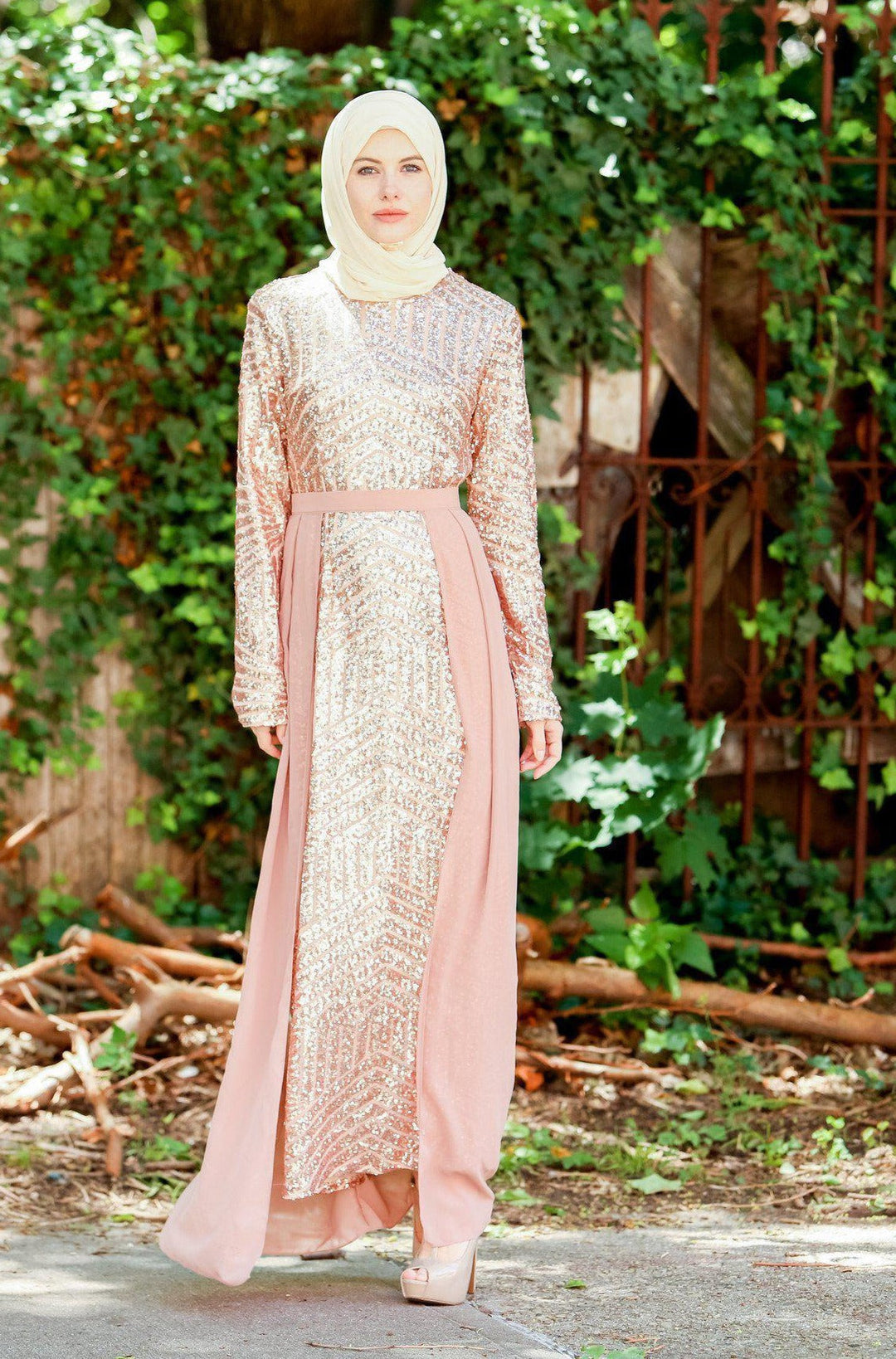 Rose Gold Chevron Sequin Gown showcasing urban modesty with hijab and elegant embellishments