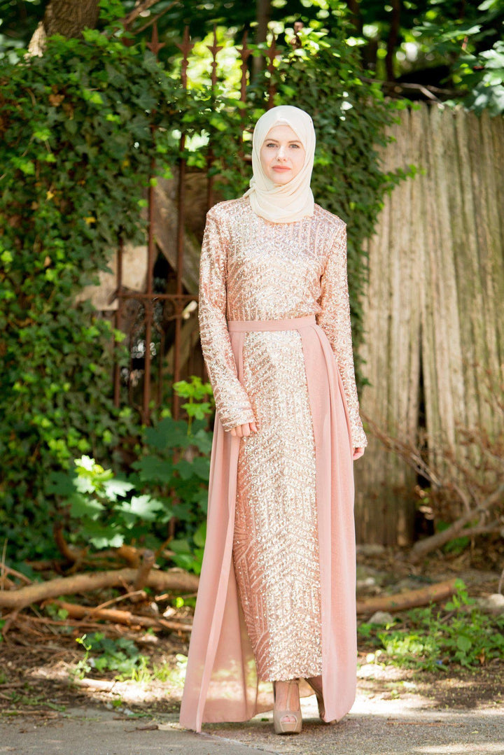 Woman in a rose gold sequin gown and hijab representing urban modesty fashion