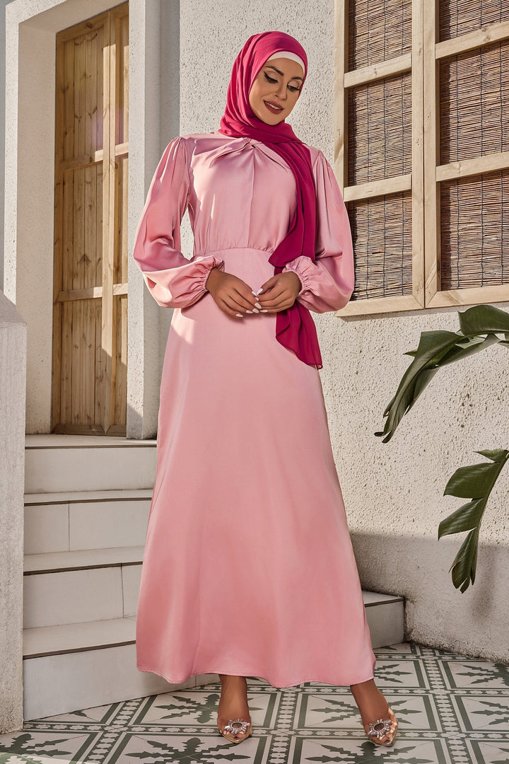 Pink long-sleeved modest Rose Knot Criss Cross Satin Dress with matching hijab