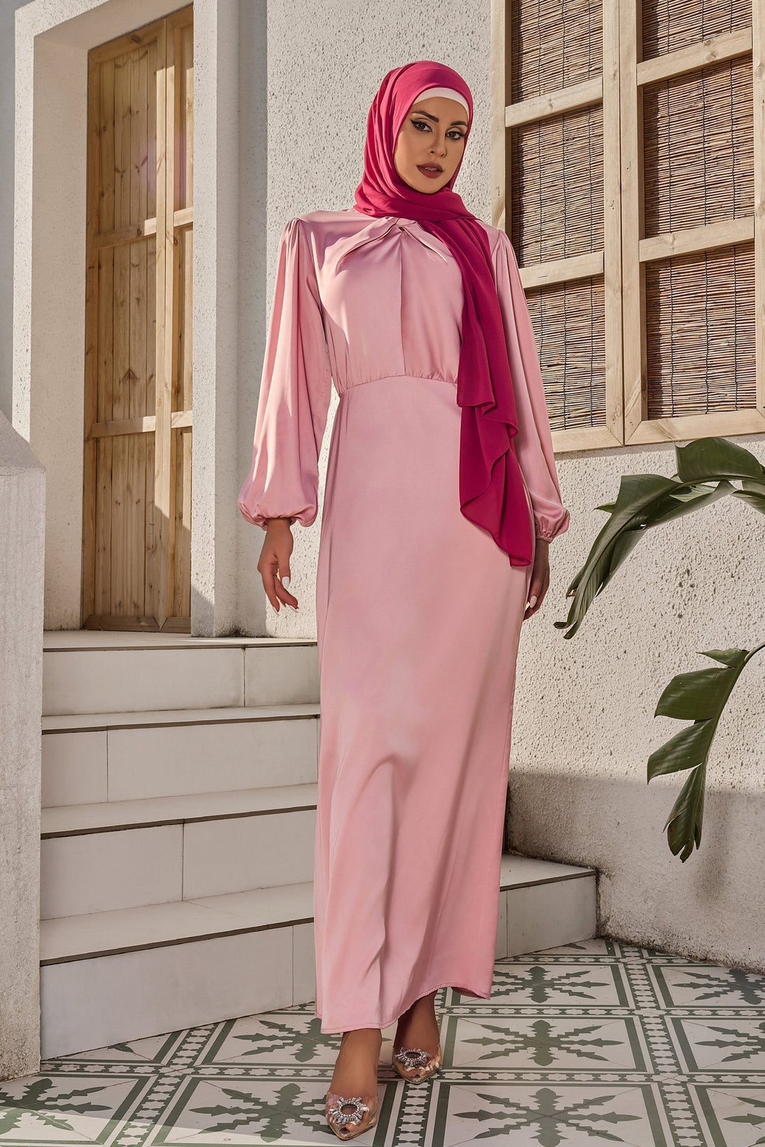 Pink modest Rose Knot Criss Cross Satin Dress with hijab showcasing cross knot chest design