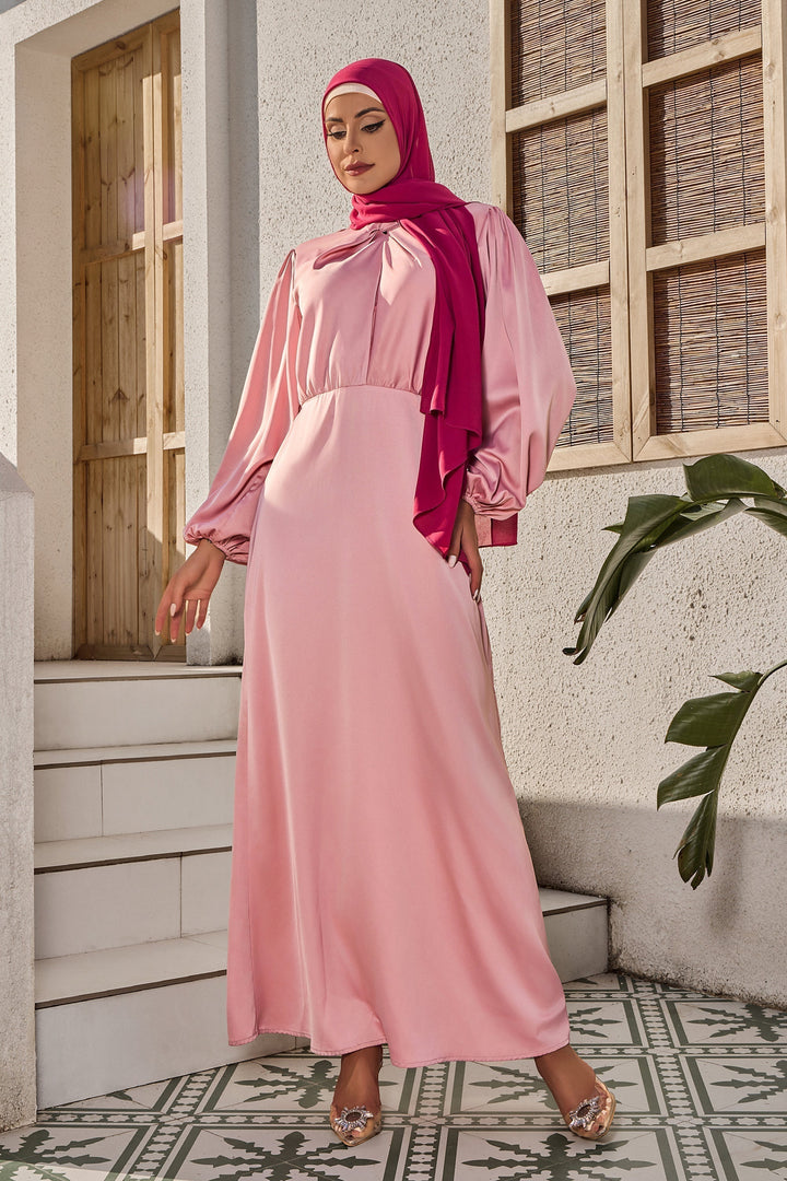 Pink maxi dress with hijab featuring Rose Knot Criss Cross Satin design