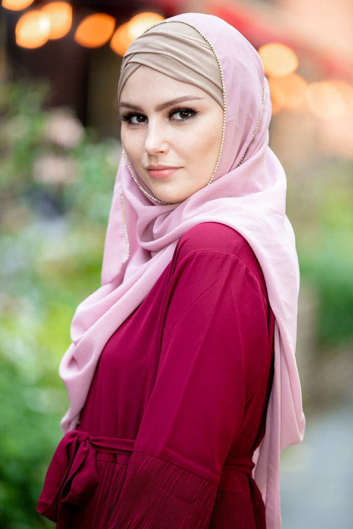 Woman in hijab and maroon dress featuring pink rhinestone trim on Ruby Rose Maxi Dress