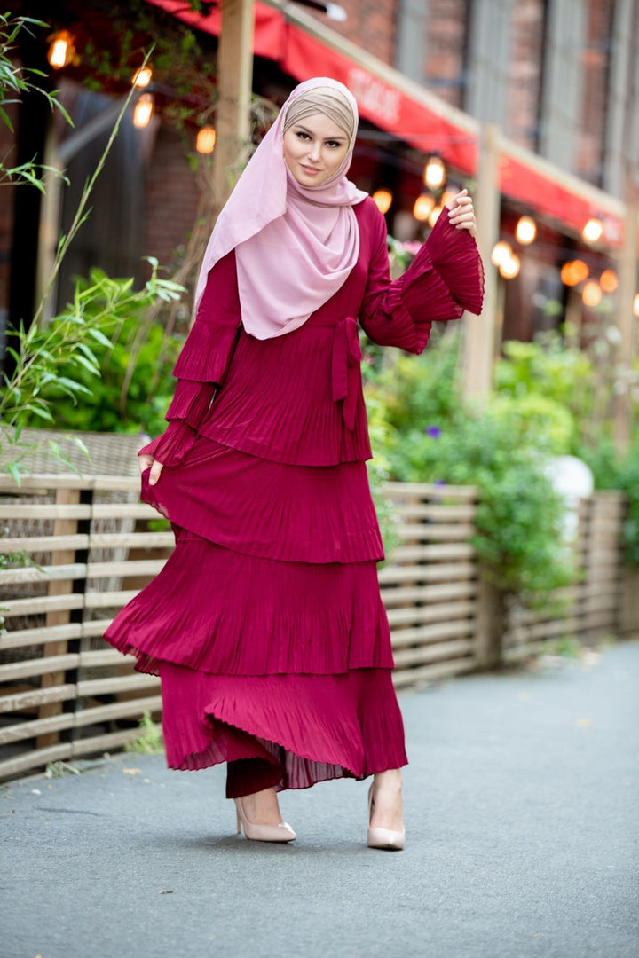 Burgundy tiered pleated dress with pink rhinestone trim chiffon and matching hijab