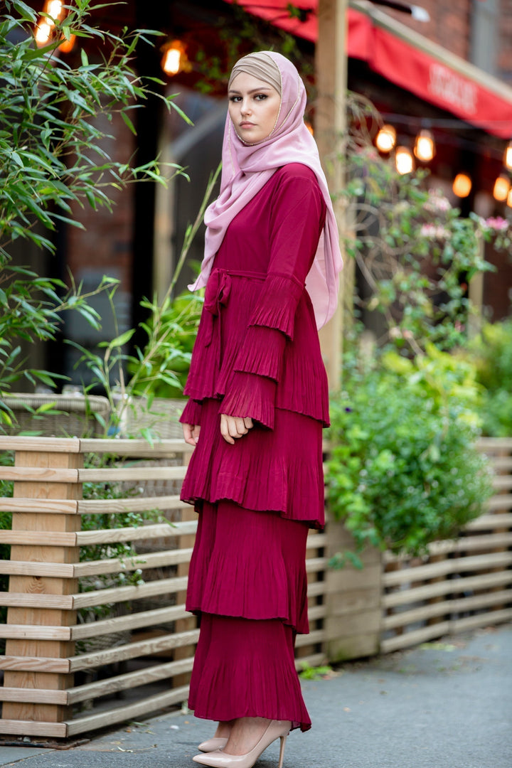 Burgundy tiered pleated modest dress with pink rhinestone trim, Ruby Rose Ruffle Sleeve Maxi Dress