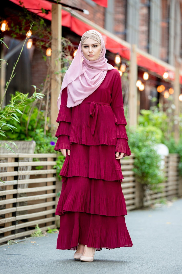 Burgundy tiered pleated dress with pink rhinestone trim chiffon and matching hijab