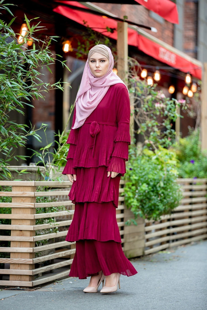 Burgundy tiered Ruby Rose Ruffle Sleeve Maxi Dress with rhinestone trim chiffon hijab