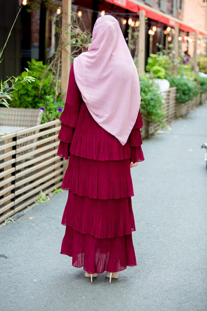 Burgundy tiered Ruby Rose Maxi Dress with pink hijab and rhinestone trim chiffon