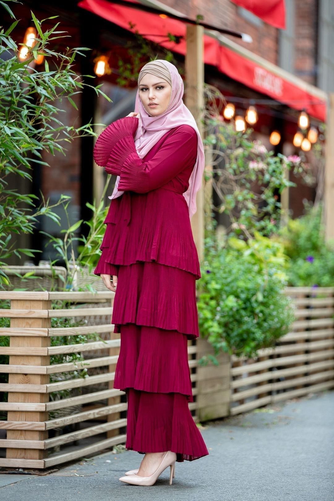 Burgundy tiered pleated dress with trim chiffon hijab and pink rhinestone trim accents