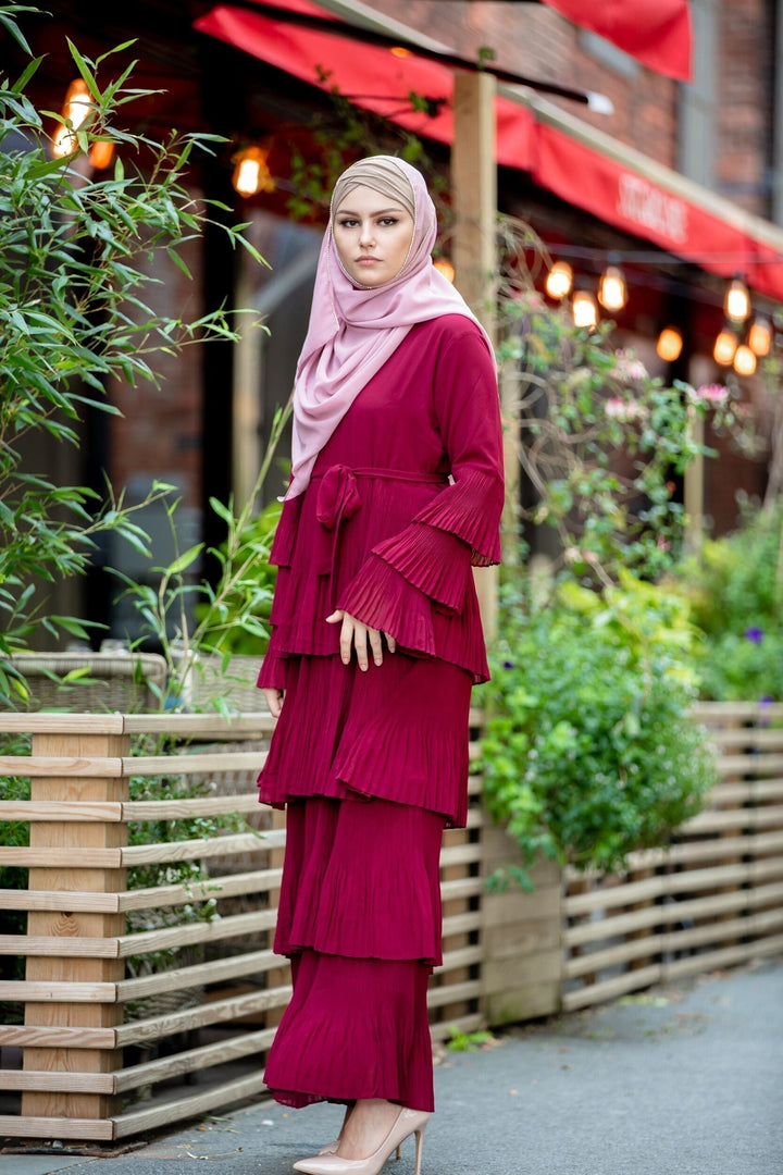 Burgundy pleated modest dress with pink hijab and rhinestone trim chiffon details