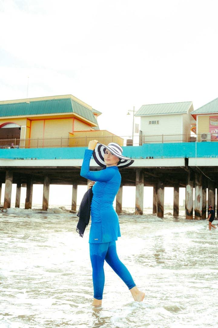 Blue burkini with striped hat from Ruched 3 Piece Modest Swimsuit-Clearance collection