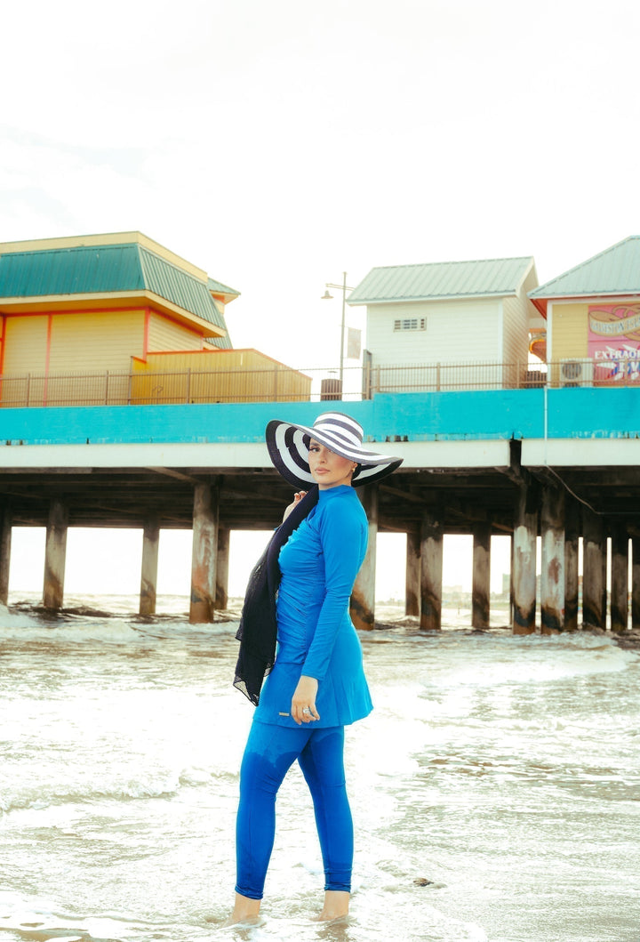 Blue burkini with striped hat from Ruched 3 Piece Modest Swimsuit clearance sale