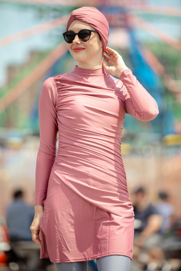 Modest long-sleeved pink swimsuit from Ruched 3 Piece Modest Swimsuit clearance sale