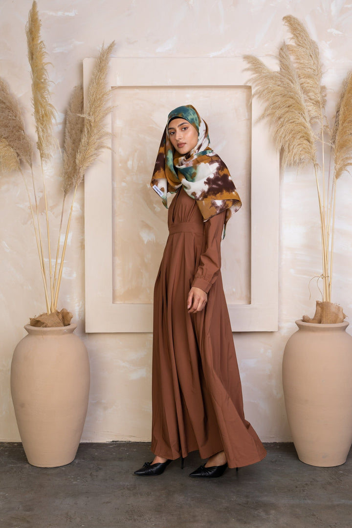 Brown long-sleeved Rusty Brown Lattice Abaya Maxi Dress with patterned hijab and zipper closure