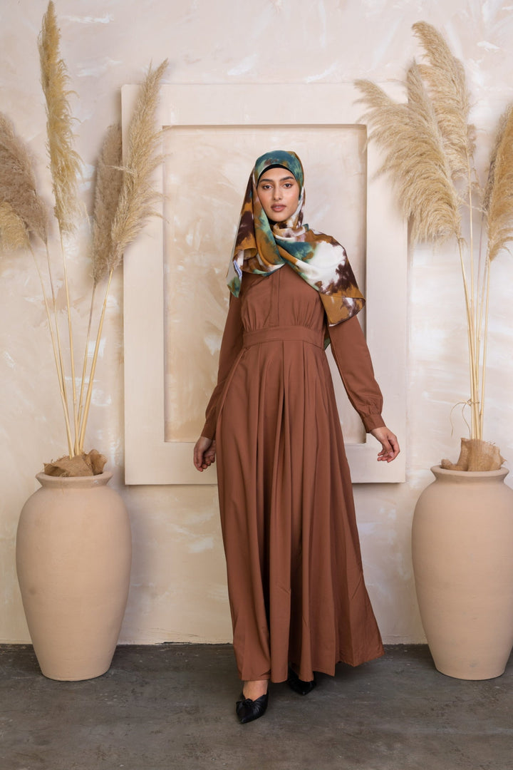 Brown long-sleeved Rusty Brown Lattice Abaya Maxi Dress with patterned hijab and zipper closure