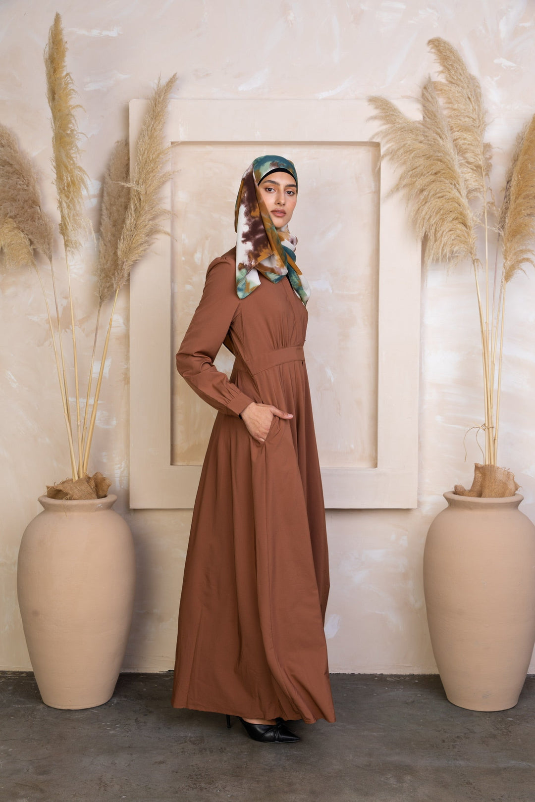 Brown long-sleeved Rusty Brown Lattice Abaya Maxi Dress with headscarf and zipper closure