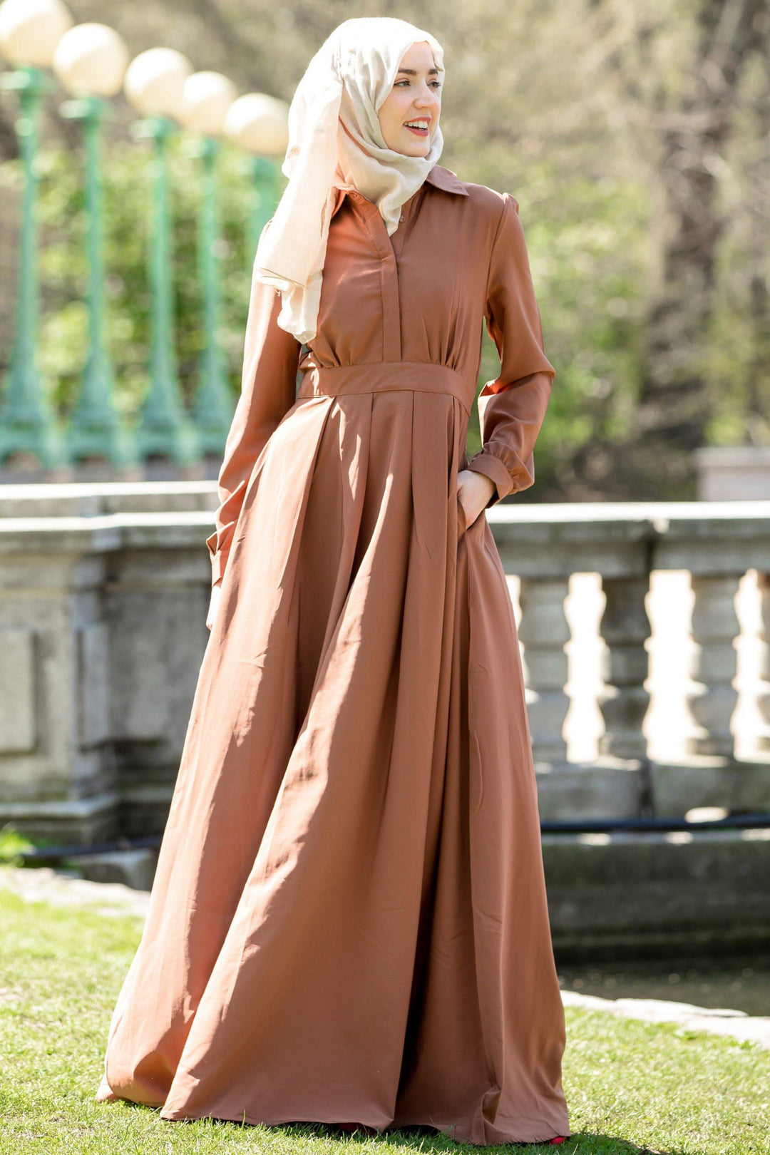 Long-sleeved brown maxi dress with hijab featuring zipper closure, Rusty Brown Lattice Abaya