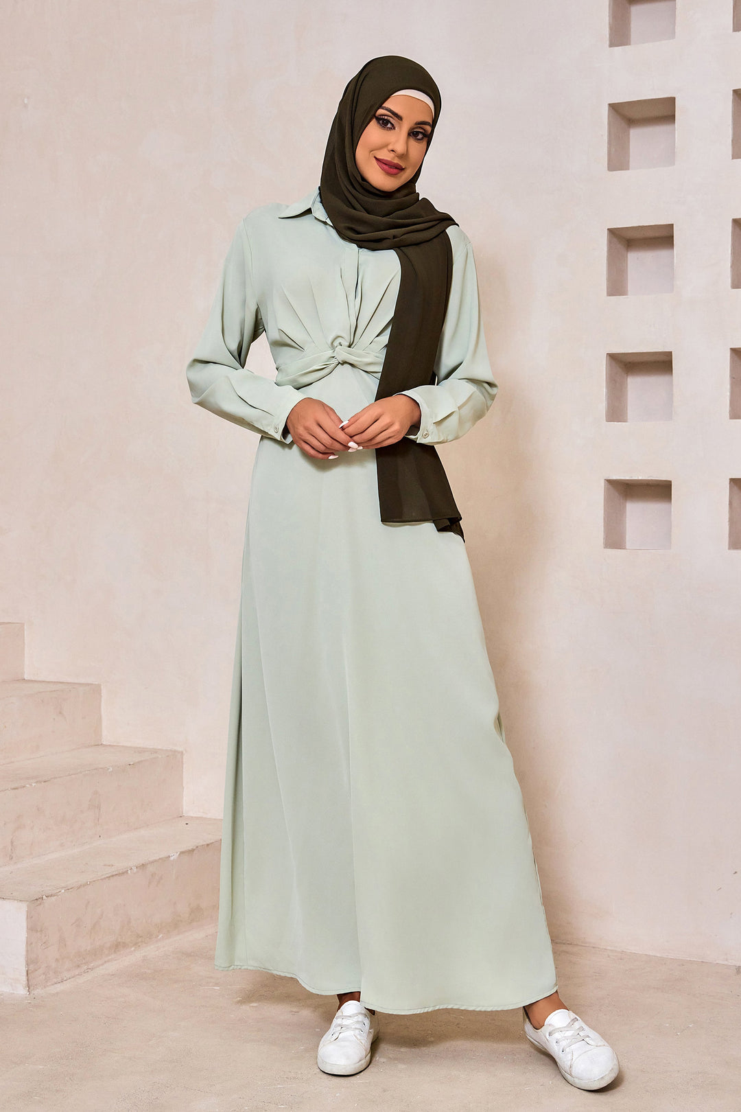 Mint green modest sage criss cross button down maxi dress with olive hijab