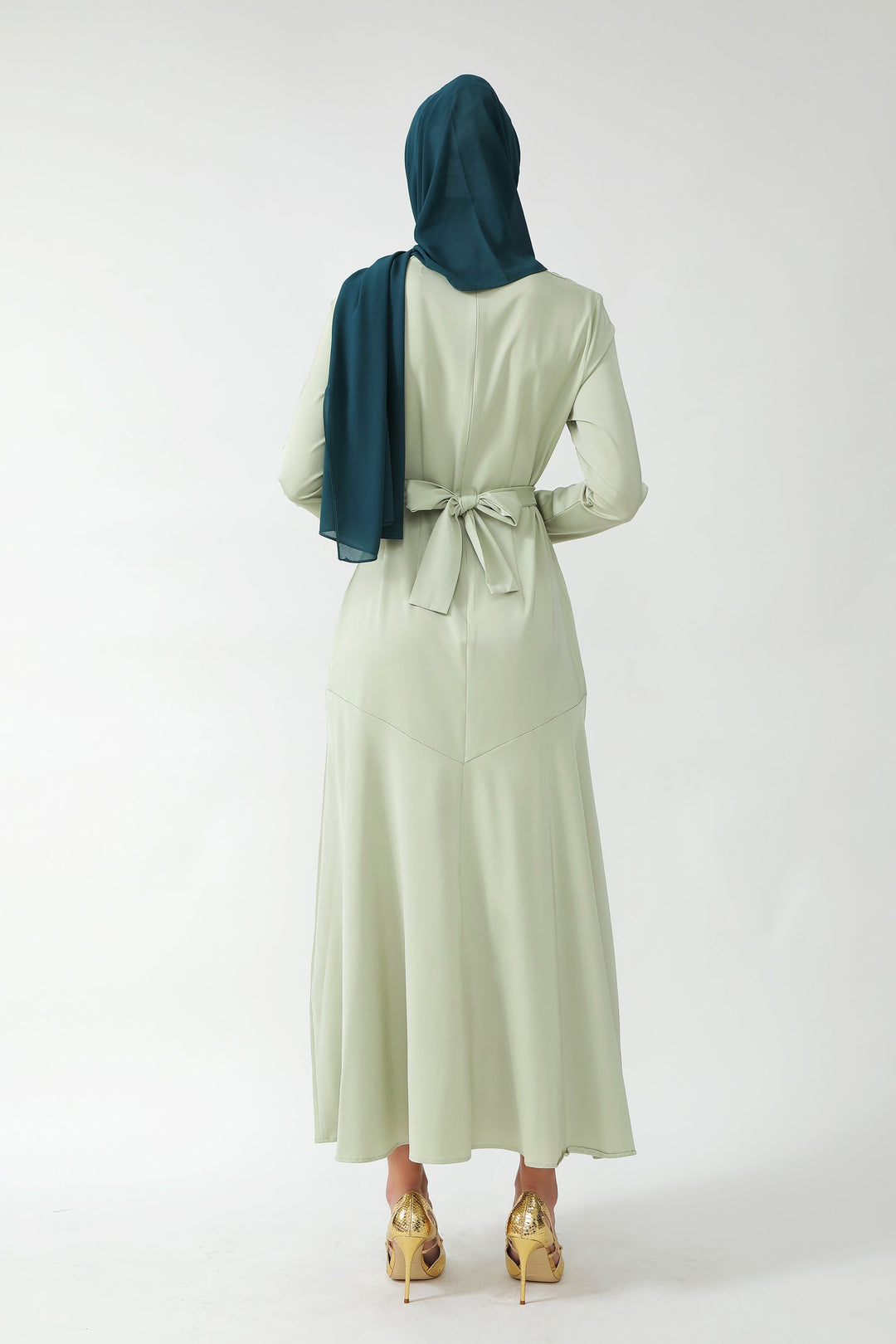 Light green modest Sage Green Criss Cross Satin Long Sleeve Maxi Dress with dark green hijab