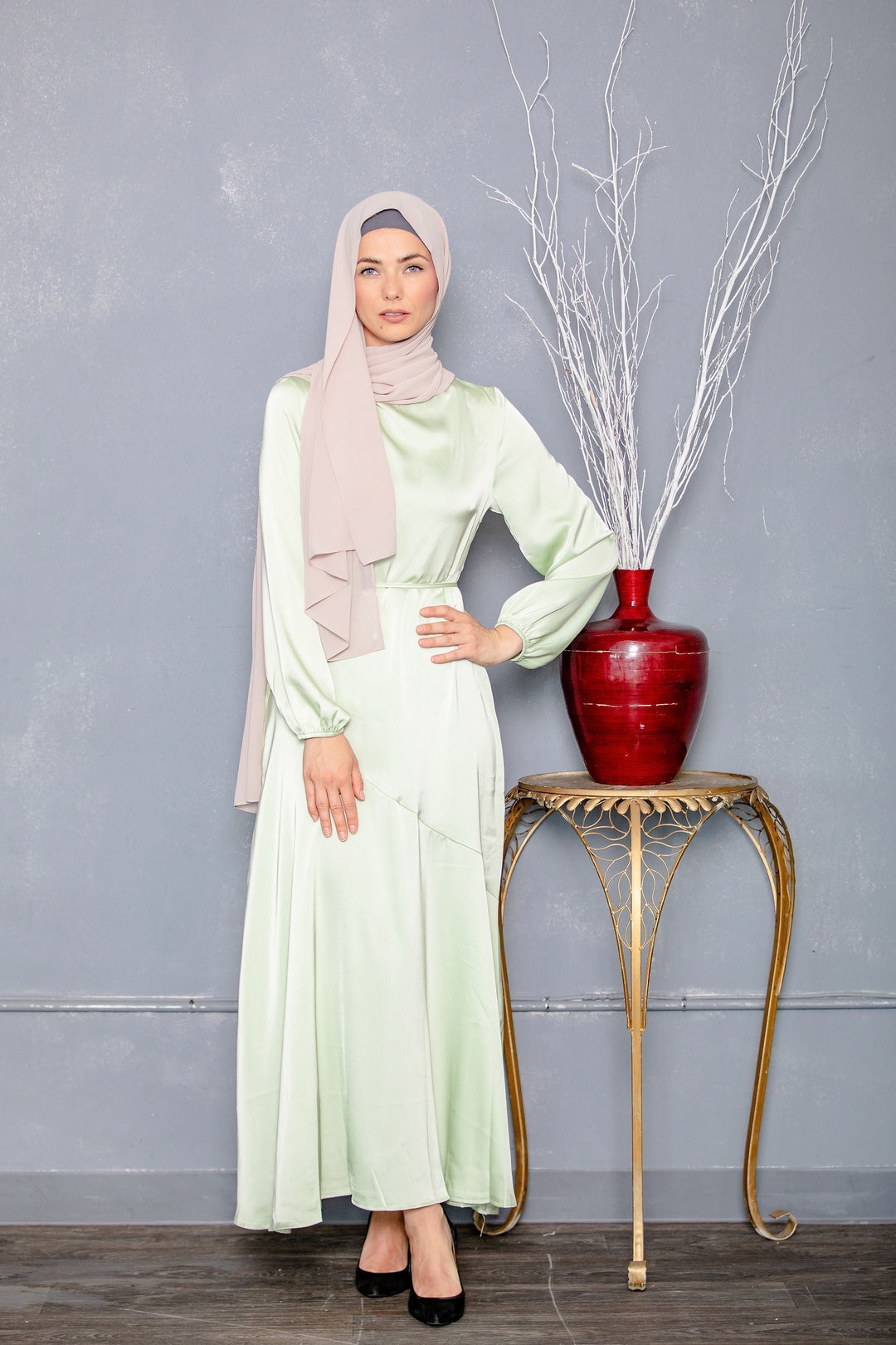 Sage Green Satin Long Sleeve Maxi Dress-CLEARANCE