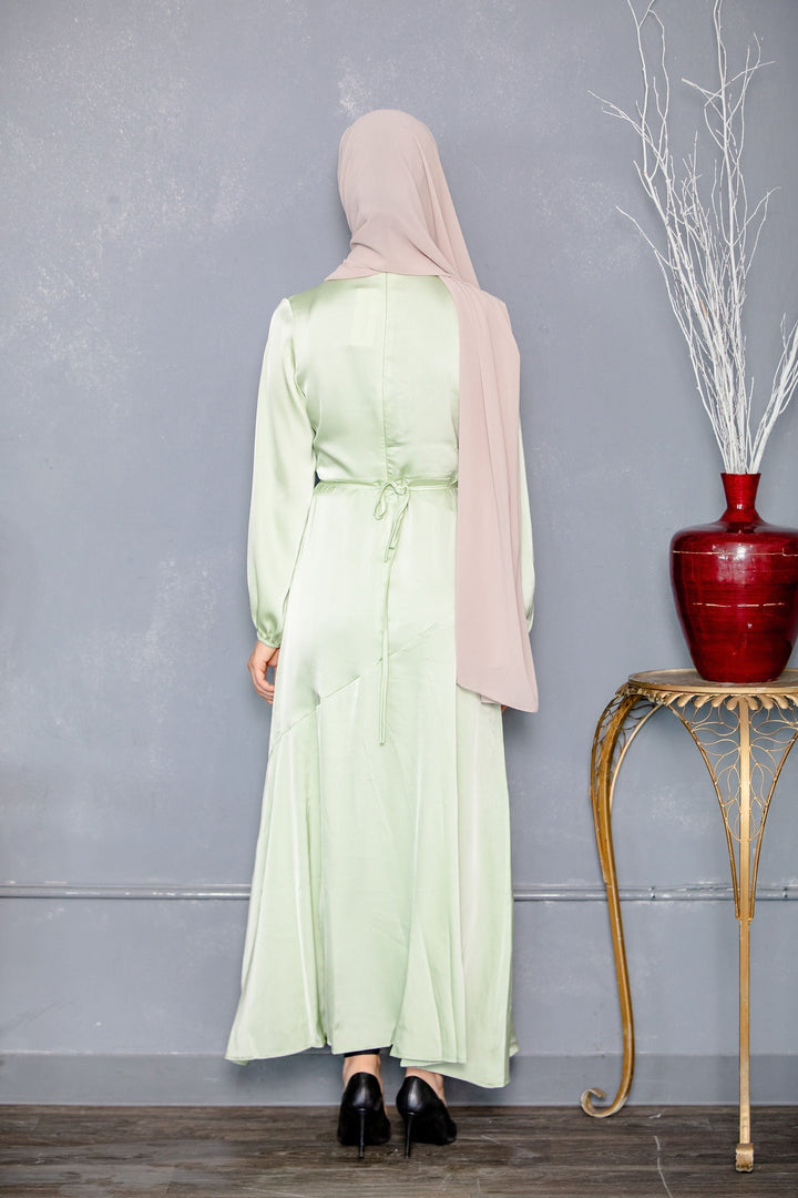 Sage Green Satin Long Sleeve Maxi Dress-CLEARANCE