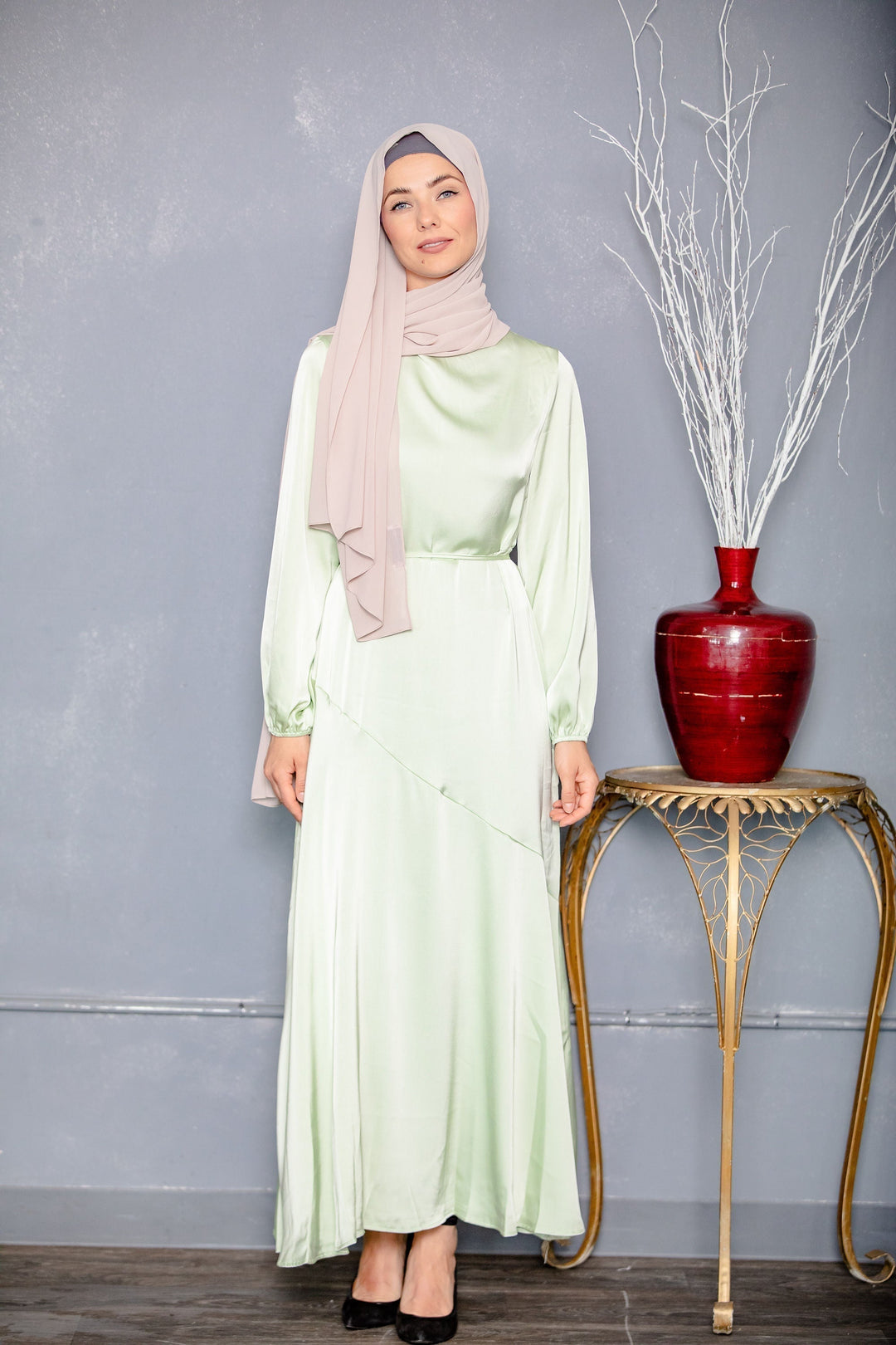 Sage Green Satin Long Sleeve Maxi Dress-CLEARANCE