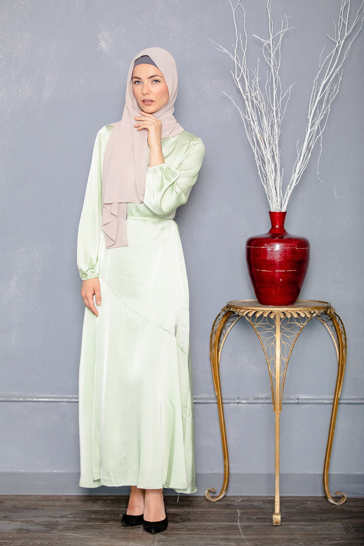 Sage Green Satin Long Sleeve Maxi Dress-CLEARANCE