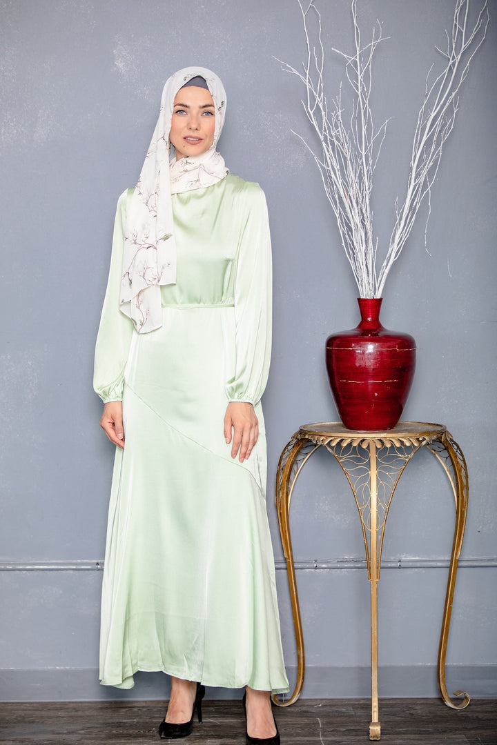 Sage Green Satin Long Sleeve Maxi Dress-CLEARANCE