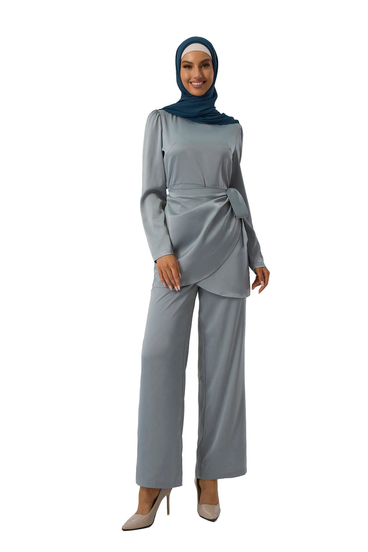 Sage Green Satin Side Wrap Tunic & Pant Set-CLEARANCE