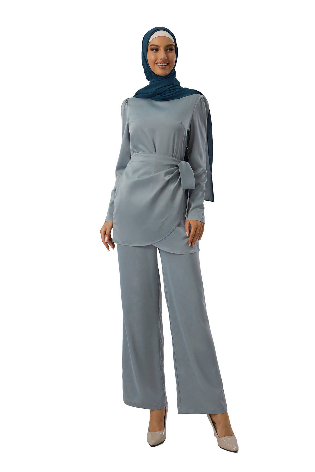 Sage Green Satin Side Wrap Tunic & Pant Set-CLEARANCE