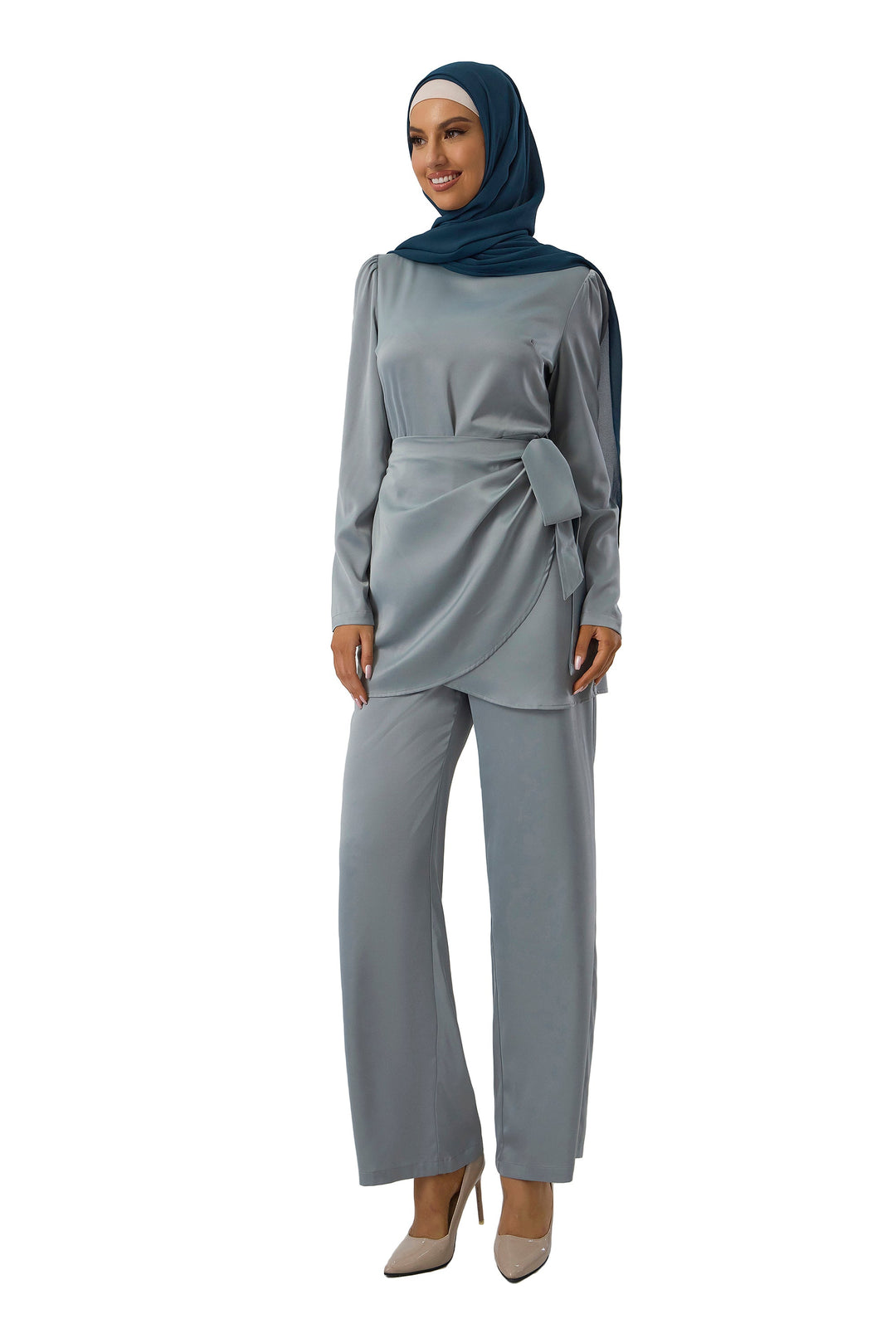 Sage Green Satin Side Wrap Tunic & Pant Set-CLEARANCE