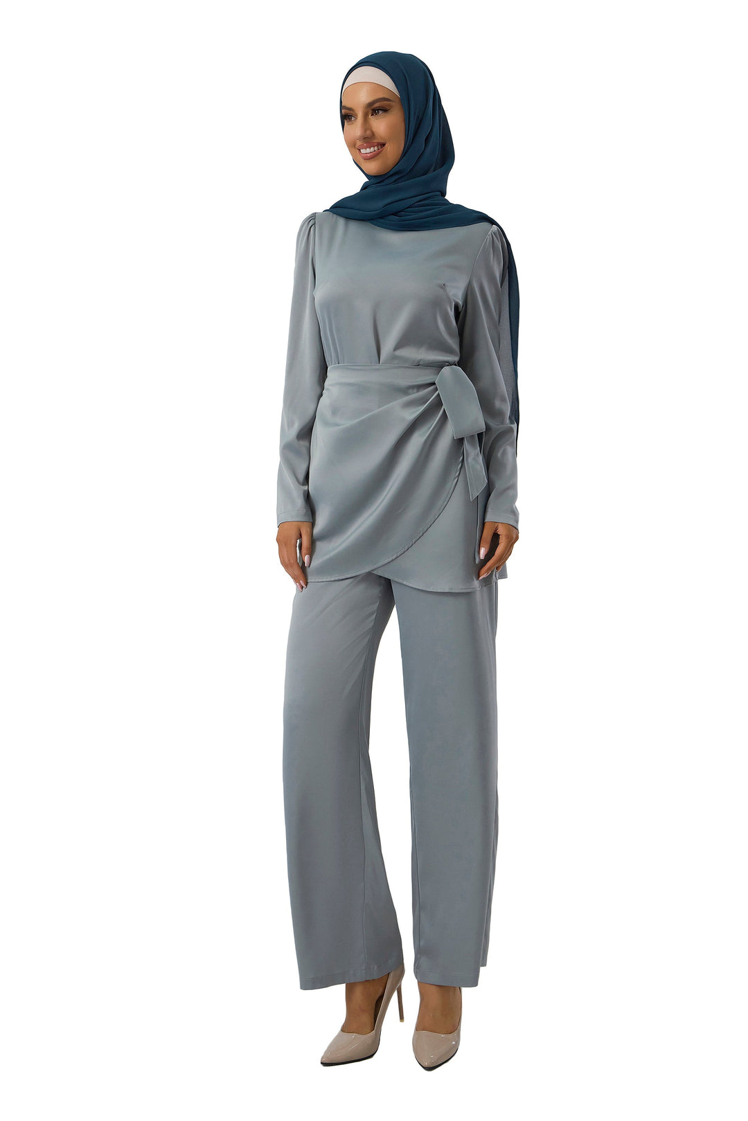 Sage Green Satin Side Wrap Tunic and Pant Set for Modest Women’s Fashion Clearance