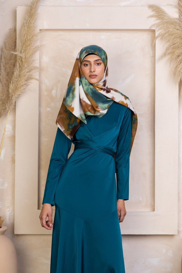 Teal Sapphire Criss Cross Satin Maxi Dress with patterned hijab for stylish modesty