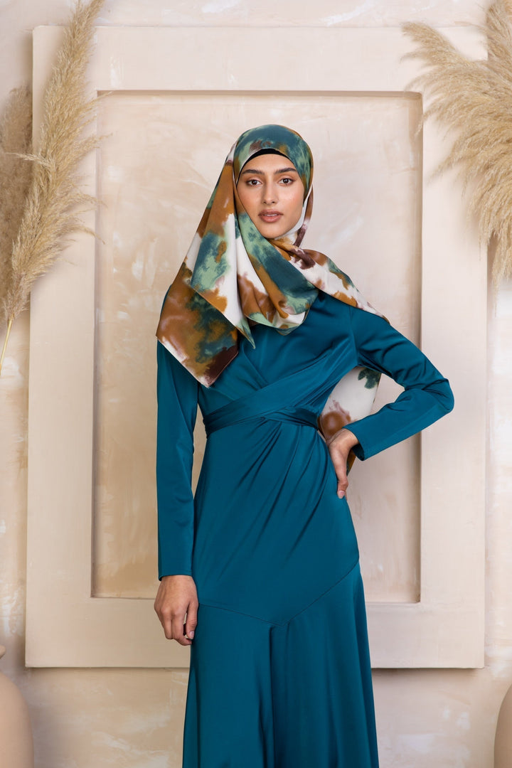 Teal Sapphire Criss Cross Satin Maxi Dress with patterned hijab, perfect for stylish occasions