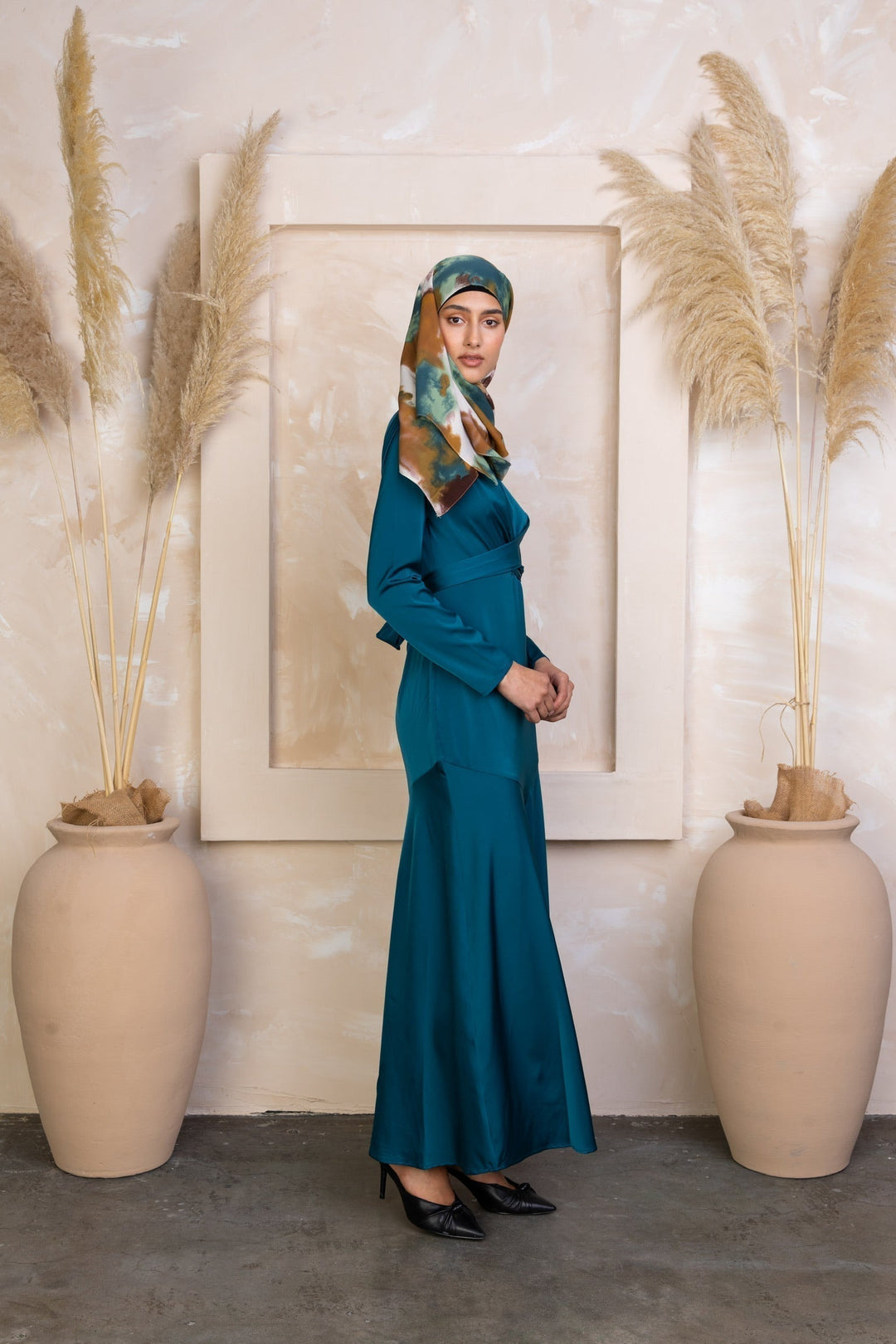 Teal modest Sapphire Criss Cross Satin Maxi Dress with patterned hijab