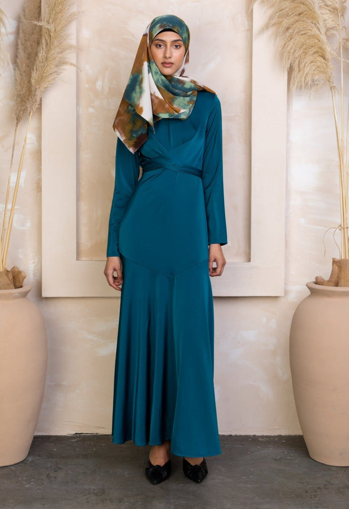 Teal long-sleeved Sapphire Criss Cross Satin Maxi Dress with patterned headscarf