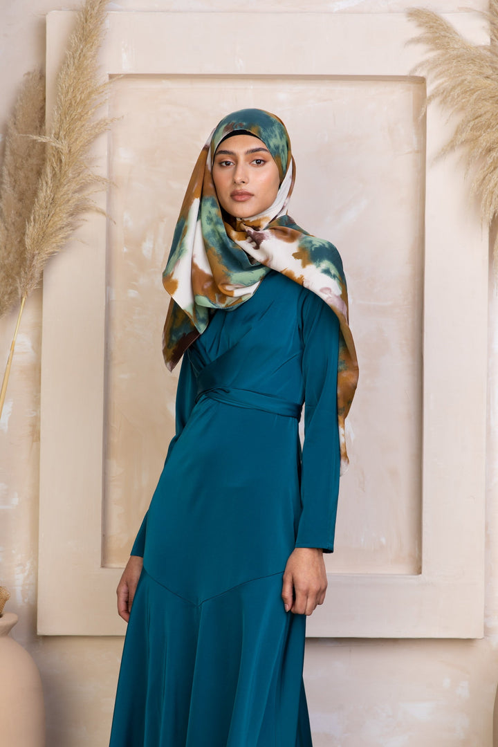 Teal Sapphire Criss Cross Satin Maxi Dress with patterned hijab for stylish elegance