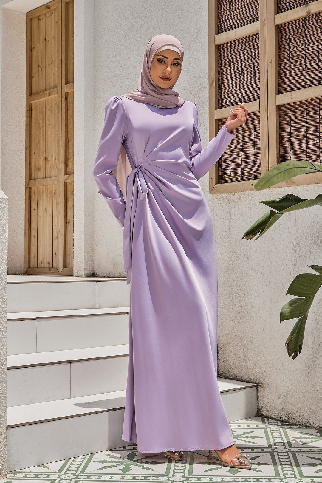 Lavender Satin Faux Wrap Tie Maxi Dress with Ruched Waist on Clearance