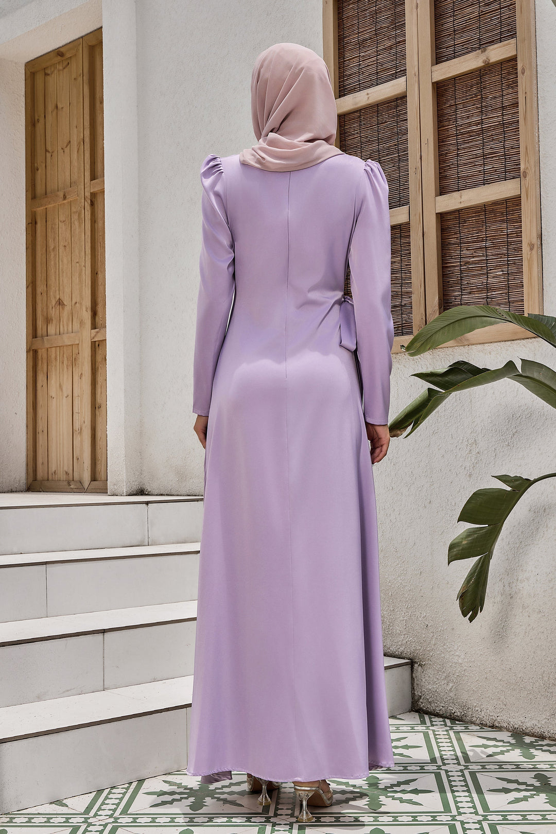 Lavender Satin Faux Wrap Tie Maxi Dress with Hijab and Ruched Waist for modest style