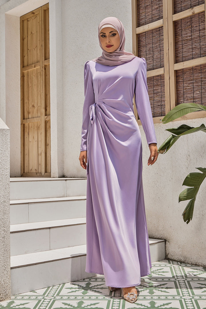 Lavender Satin Faux Wrap Side Tie Maxi Dress with Ruched Waist on Clearance