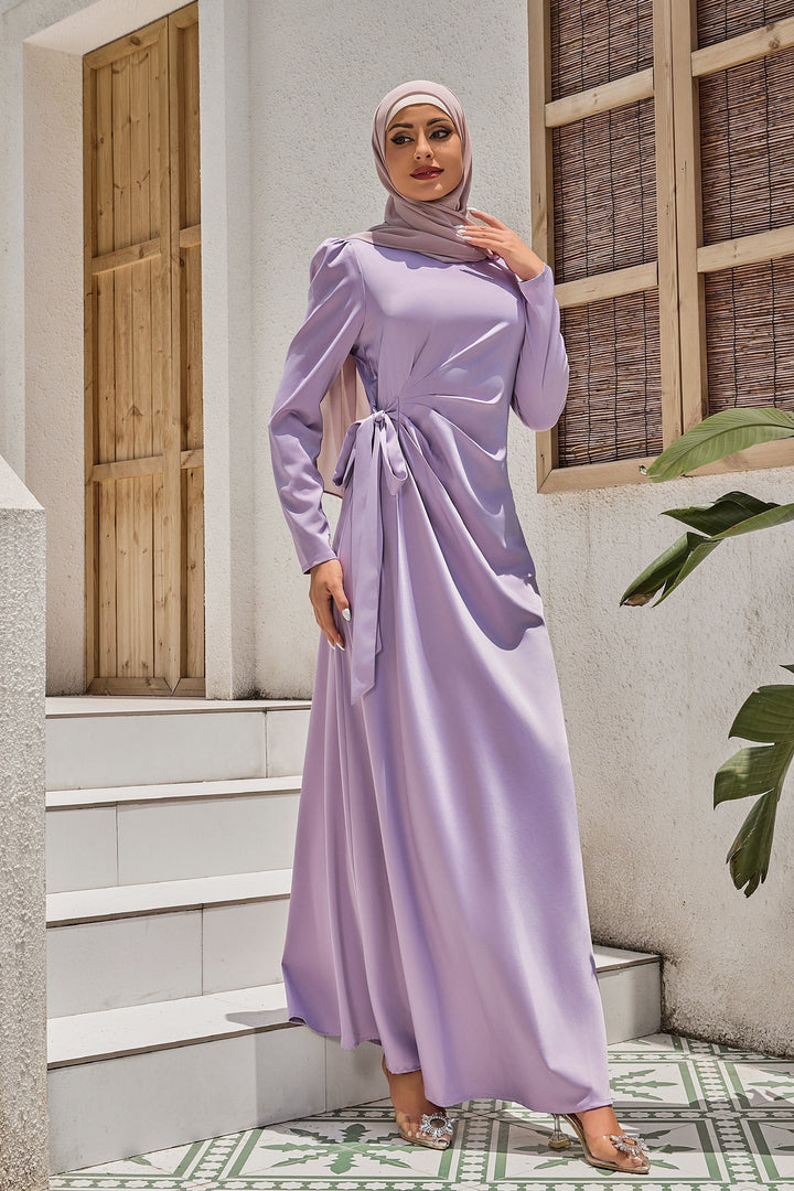 Lavender Satin Faux Wrap Side Tie Maxi Dress with Hijab and Ruched Waist on Clearance