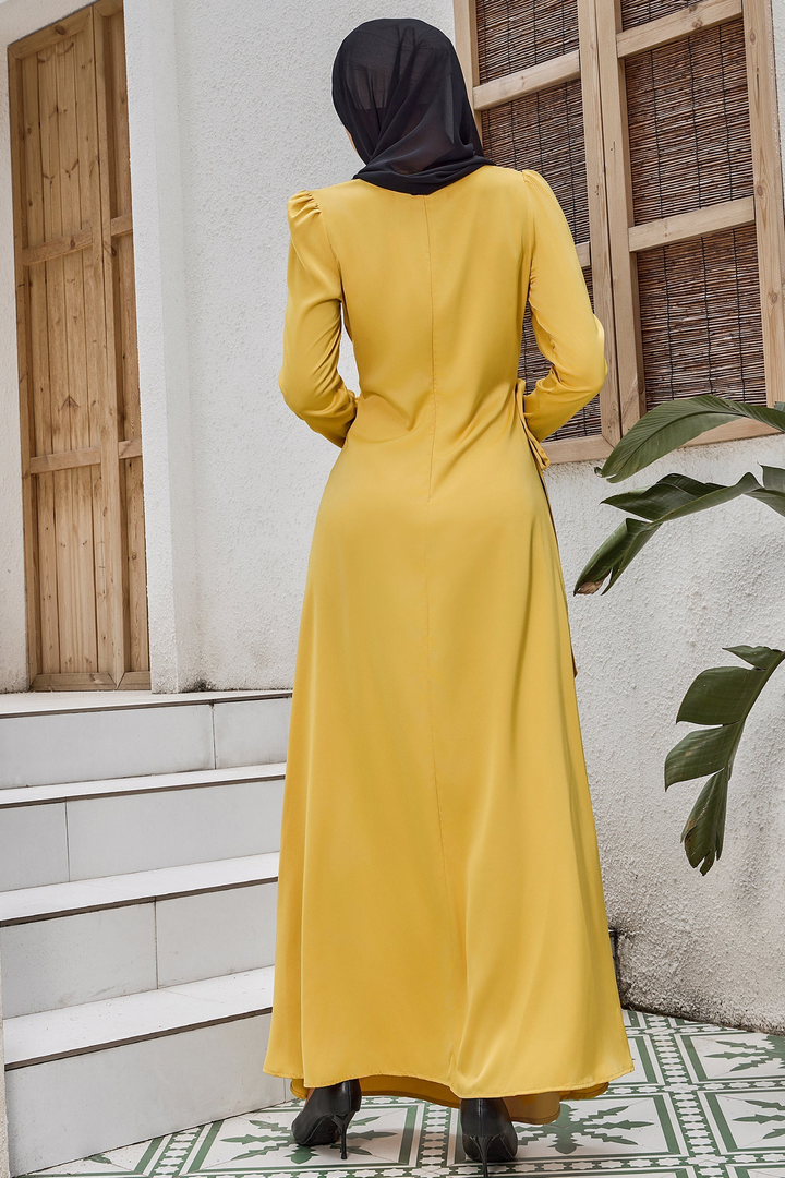 Mustard yellow Satin Faux Wrap Side Tie Maxi Dress with ruched waist on clearance sale