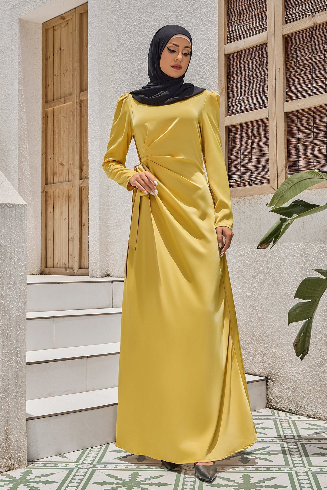 Mustard-yellow Satin Faux Wrap Tie Maxi Dress with Ruched Waist and Black Hijab