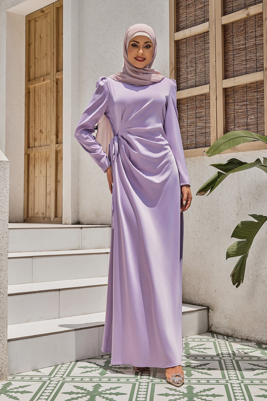 Lavender Satin Faux Wrap Side Tie Maxi Dress with Ruched Waist for stylish comfort