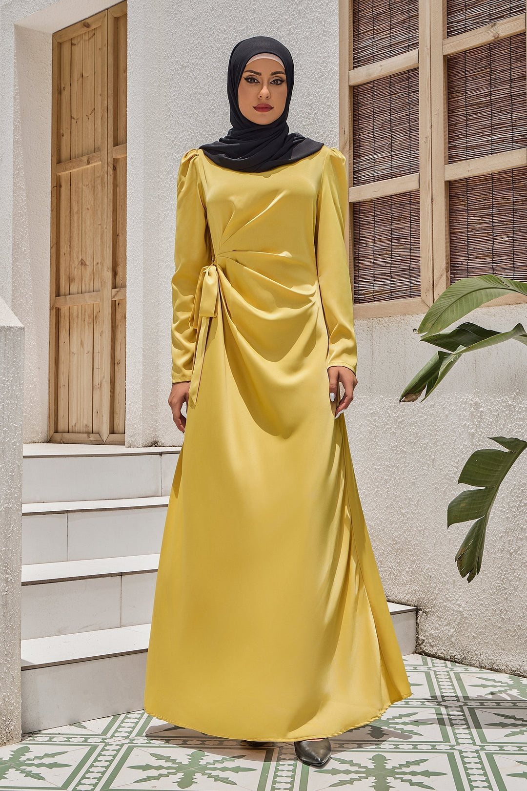 Mustard-yellow satin faux wrap tie maxi dress with ruched waist on clearance sale