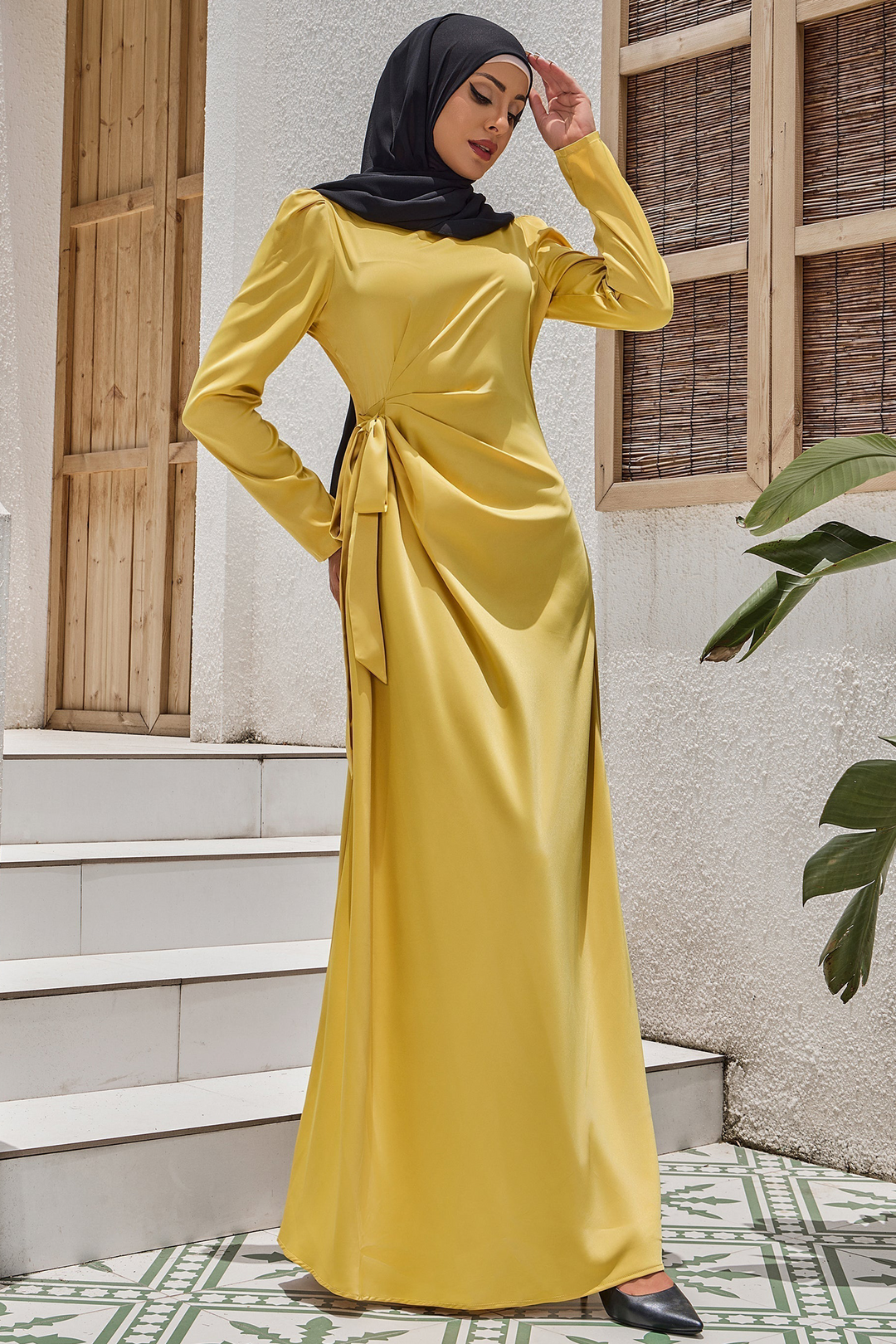 Mustard yellow satin faux wrap side tie maxi dress on clearance