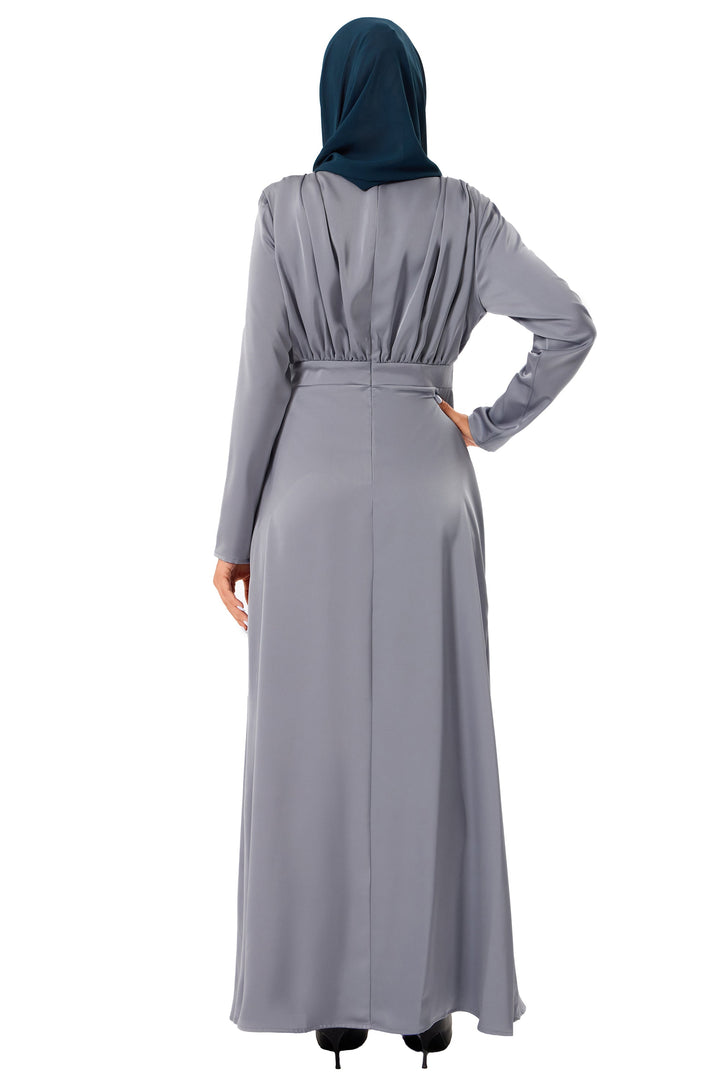 Gray Satin Pleated Maxi Dress with Hijab in Clearance Sale for Modest Fashion