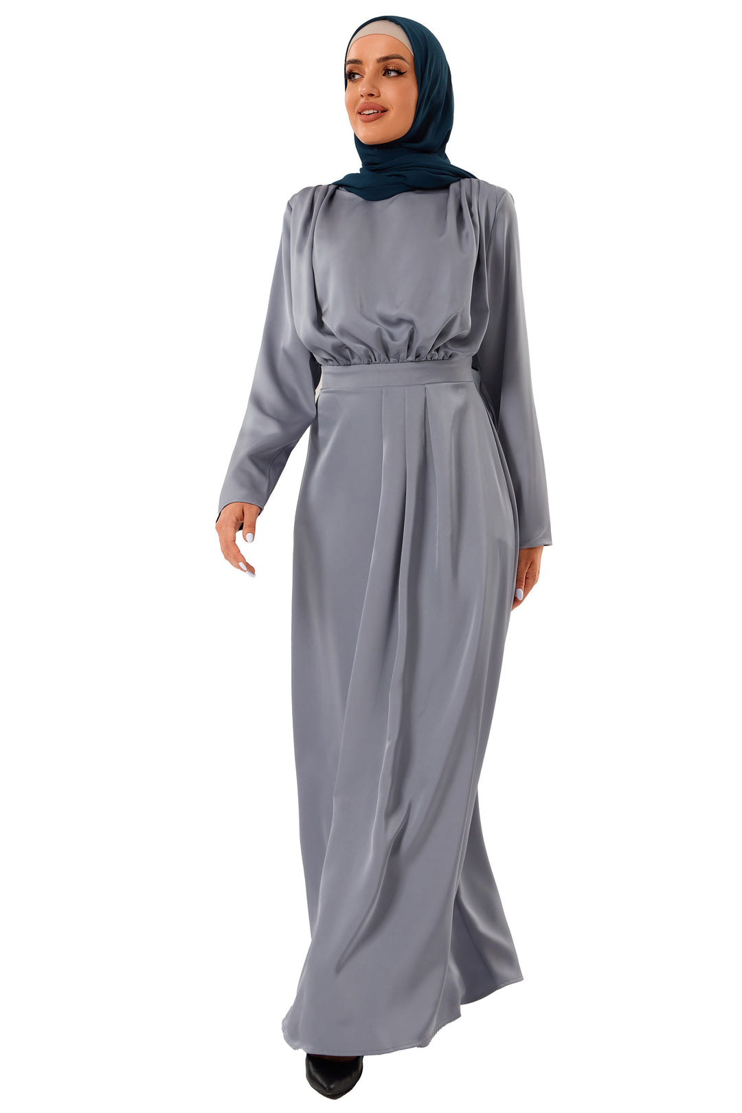 Gray Satin Pleated Maxi Dress with Hijab showcasing elegant style and comfort