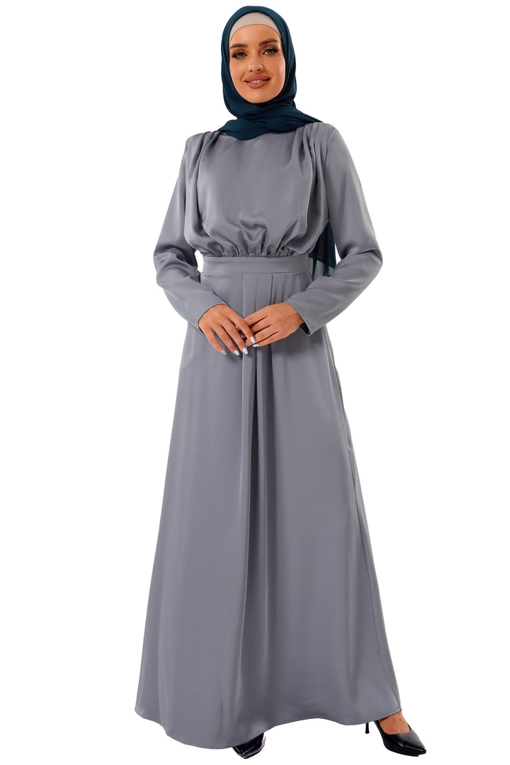 Gray Satin Pleated Maxi Dress with long sleeves and matching hijab for modest styling